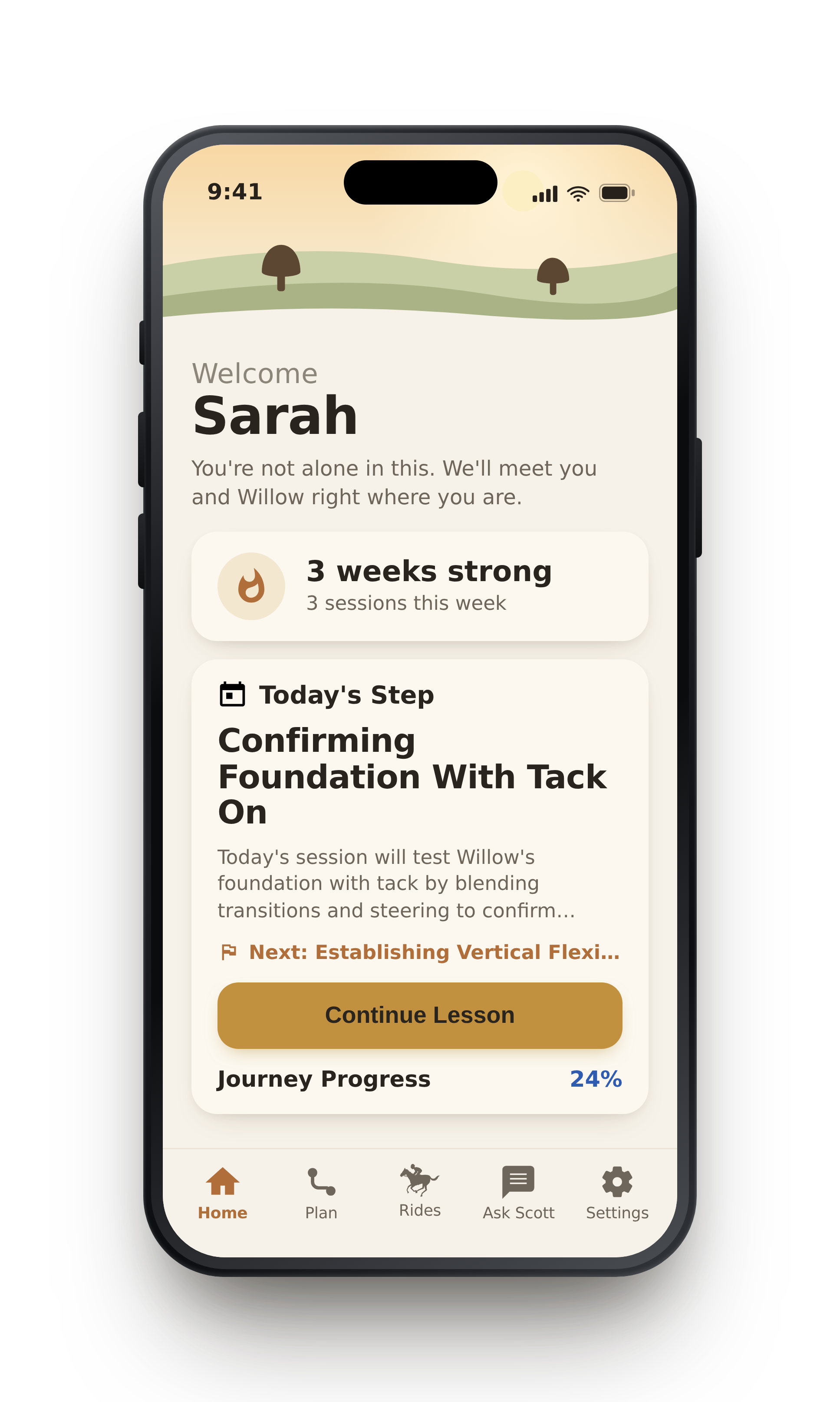 Rider's Way home screen with today's session